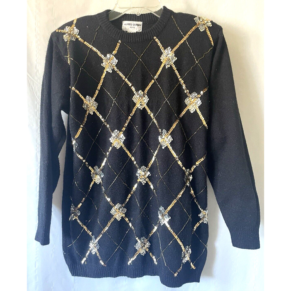 Alfredo Dunner Vtg Black Sweeter Gold Sliver Sequin Chunky Knit Crewneck Sz PM